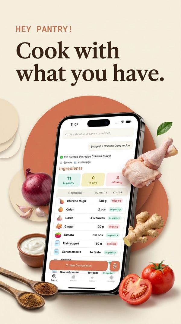 Pantalla del asistente de Hey Pantry!: una receta de pollo al curry, con los ingredientes marcados como en la despensa, en el carrito o que faltan