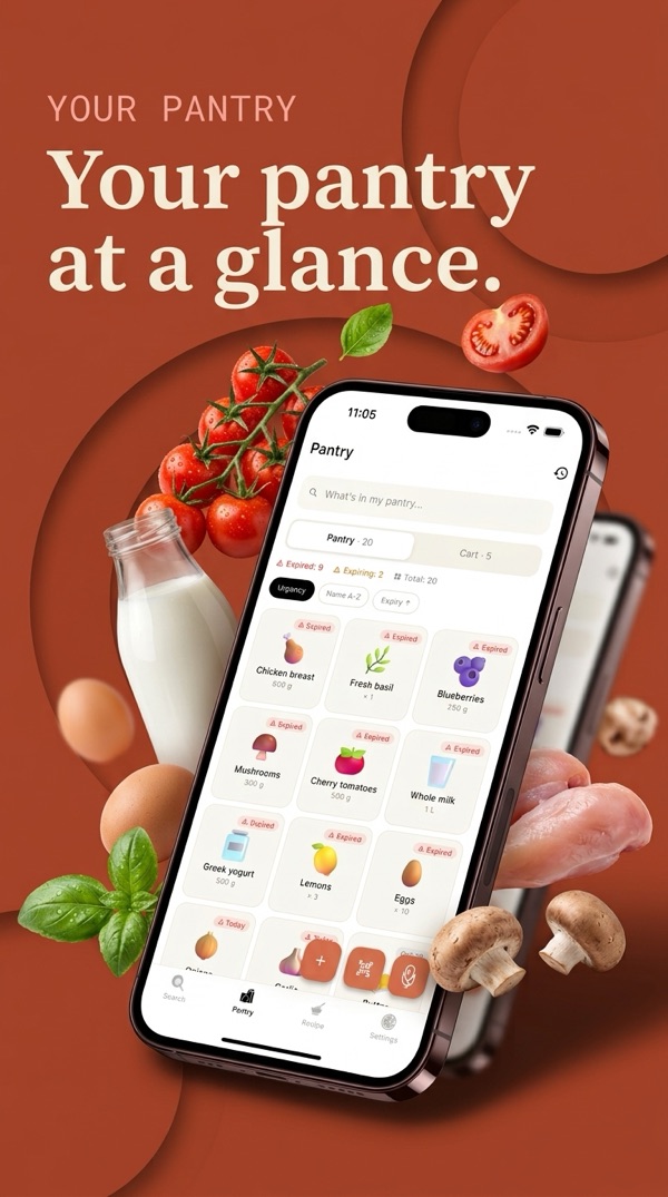 Pantalla de despensa de Hey Pantry!: productos ordenados por urgencia, con etiquetas para los caducados y los que caducan hoy