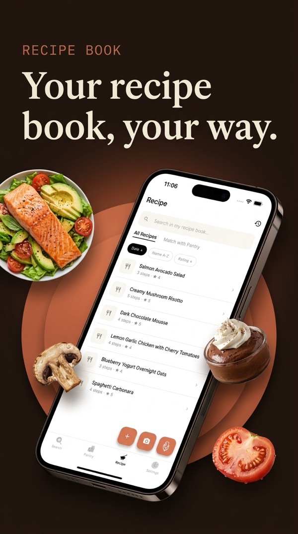 Hey Pantry! 食谱本界面，含星级评分和与食品柜匹配的标签页